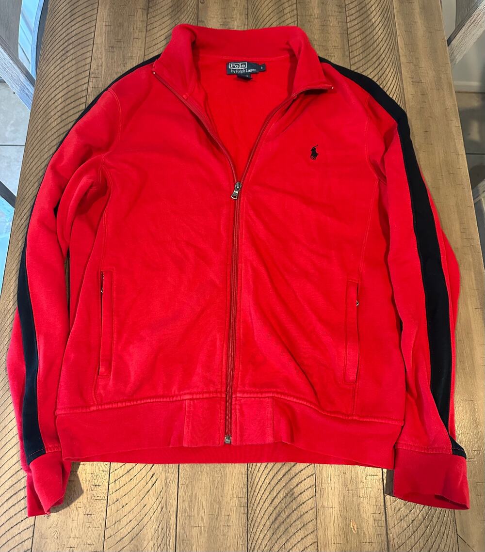 Polo by Ralph Lauren Mens L Red Black Full Zip Track Jacket Cotton Blend